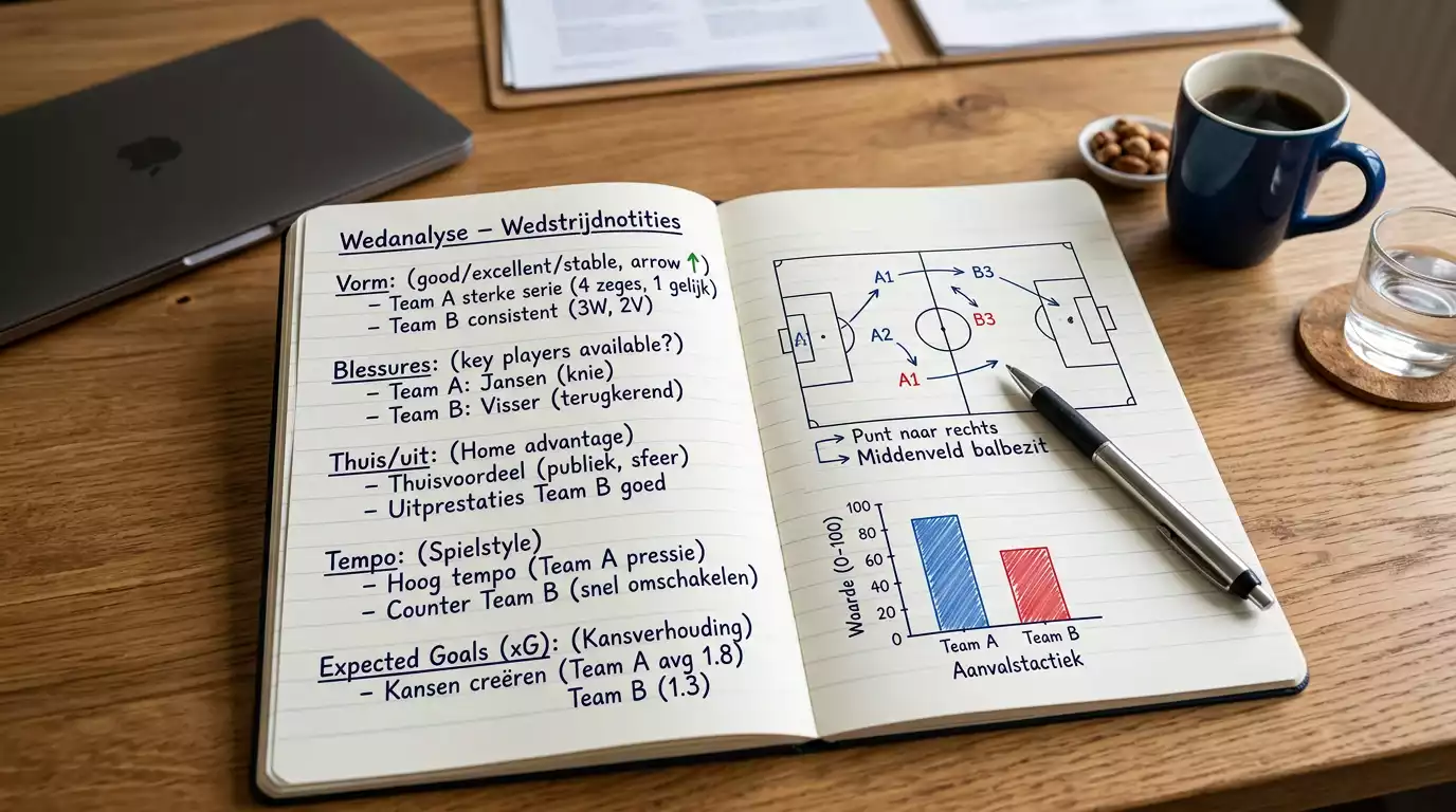 Notebook met wedstrijdanalyse en statistieken naast een voetbalveld