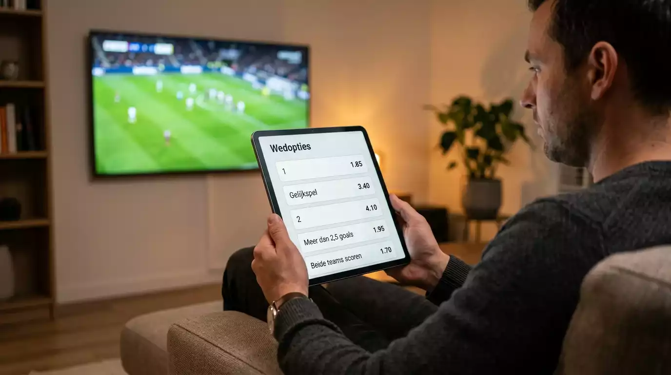 Tablet met sportweddenschappen interface tijdens een voetbalwedstrijd
