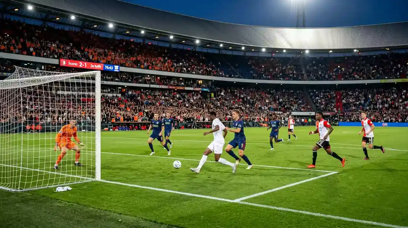 Voetbalwedstrijd in een vol Eredivisie-stadion met aanvallende actie